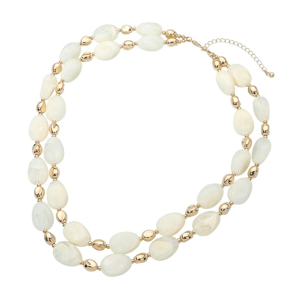 Chunky Resin Oval Marbled Pebble Beaded Layered Necklace for Women White Gold
