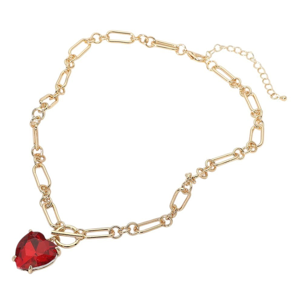 Women's Chunky Red Heart Stone Cluster Toggle Paperclip Chain Pendant Necklace