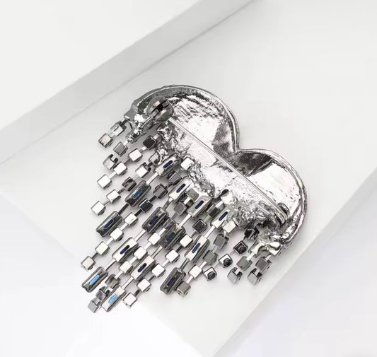 Vintage Gunmetal Heart Brooch with Rhinestone Tassel Fringe - Statement Jewelry