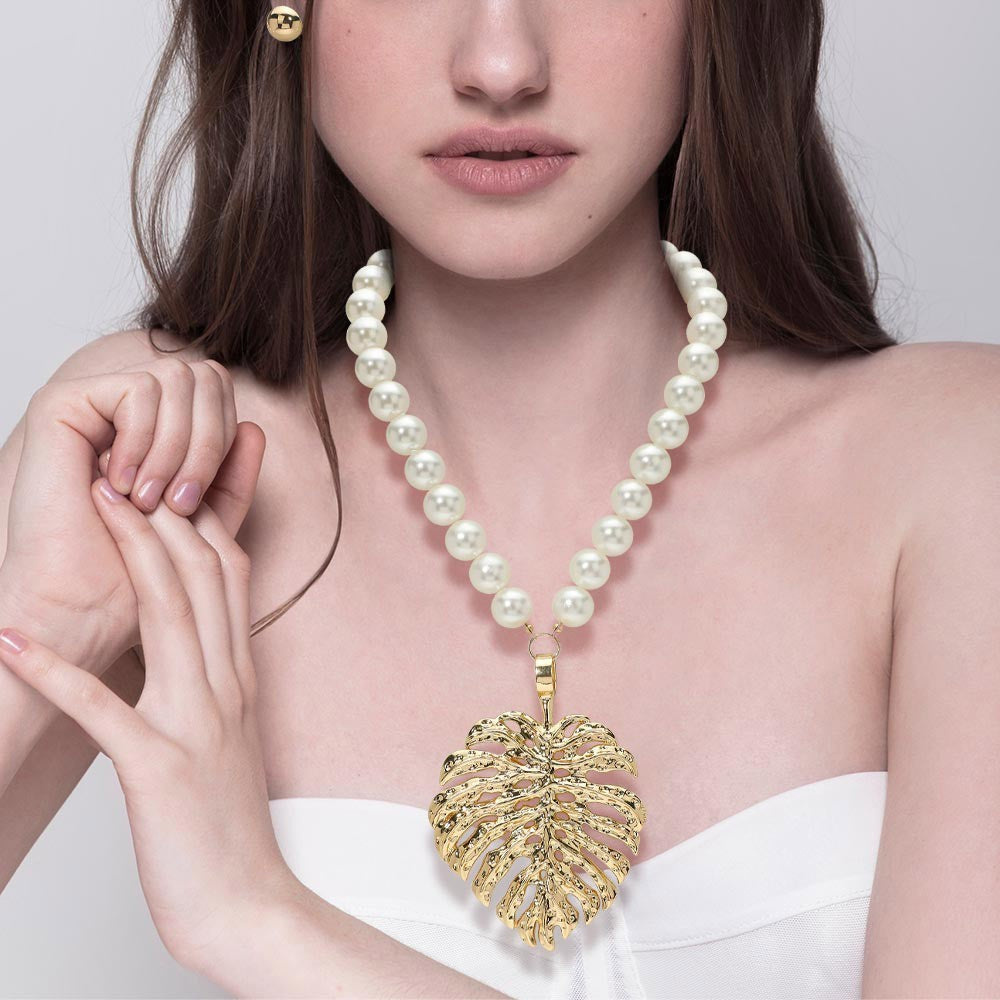 Tropical Monstera Gold Leaf Pearl Statement Necklace & Stud Earrings Set Gift