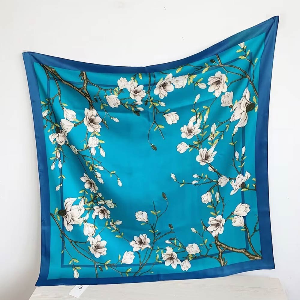 Floral Silk Blend Square Scarf Teal Blue Magnolia Blossom Head Neck Wrap