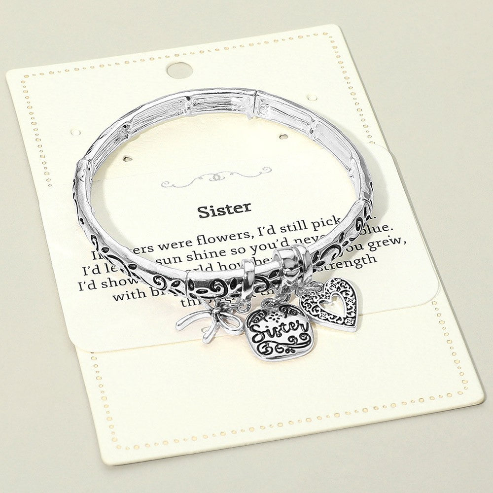 Sister Message Bow Heart Charm Stretch Band Bracelet Engraved Adjustable Silver