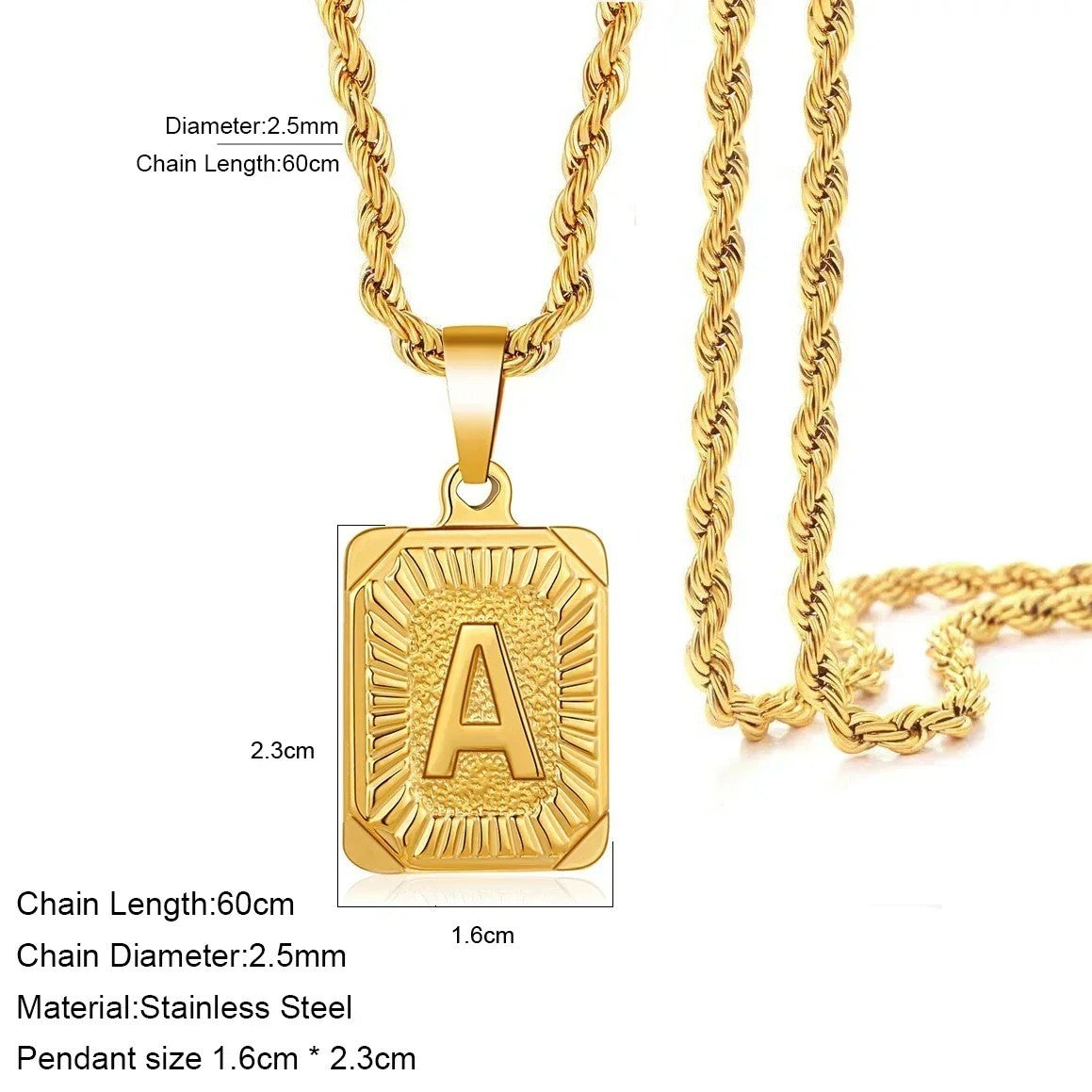 Gold Rope Chain Initial A Pendant Necklace Stainless Steel Letter Charm Jewelry