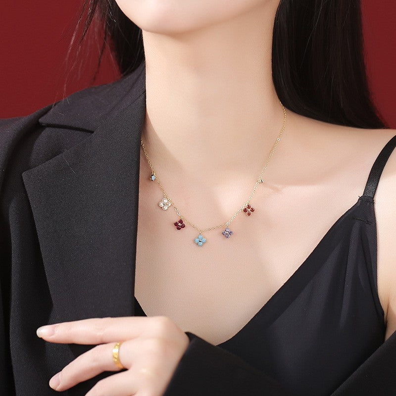 Dainty Colorful Clover Charm Choker Necklace | 14K Gold Plated Quatrefoil CZ Sto