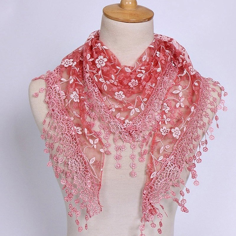 Women's Tasseled Pink Floral Lace Scarf Lightweight Elegant Shawl Wrap Ladies