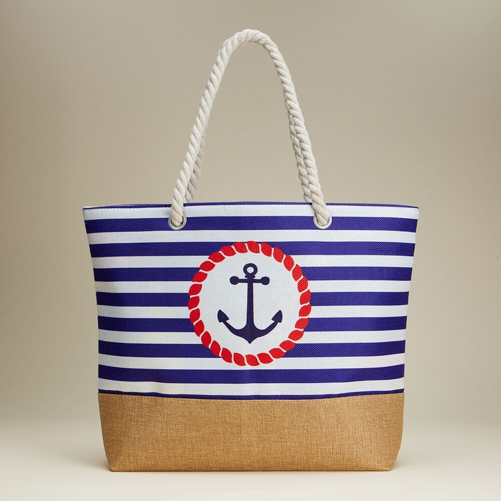 Nautical Anchor Striped Beach Tote Bag with Rope Handles Large Summer Travel