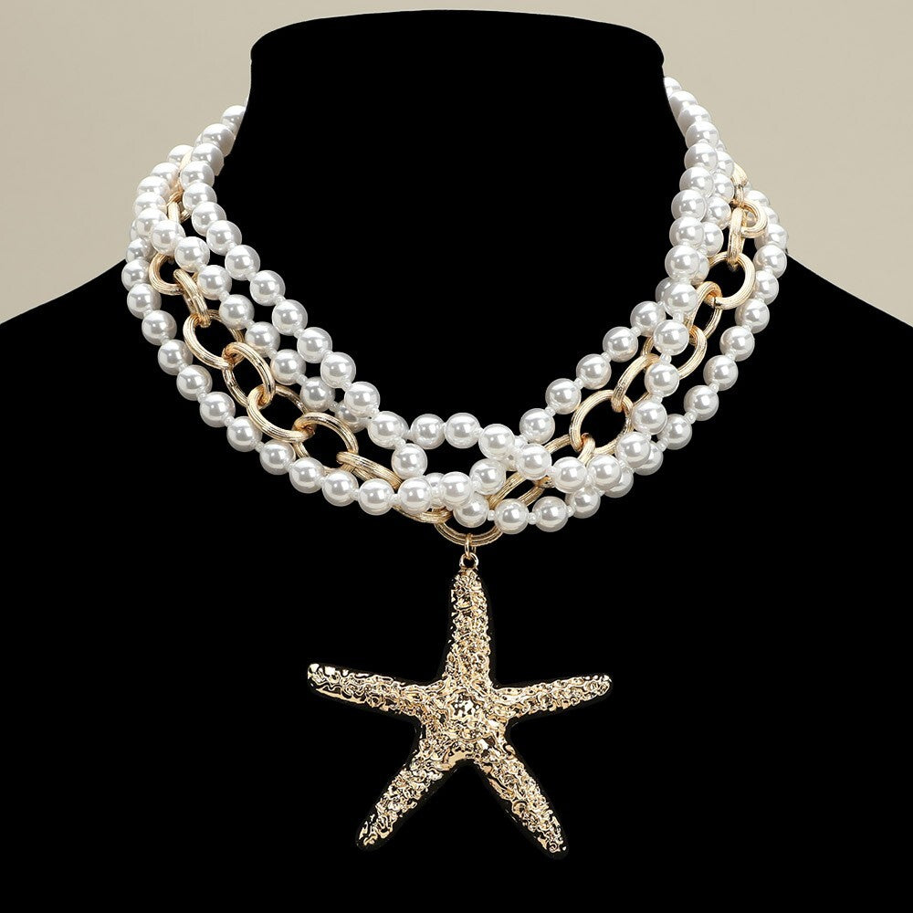 Layered Starfish Pendant and Pearl Beaded Necklace for Women