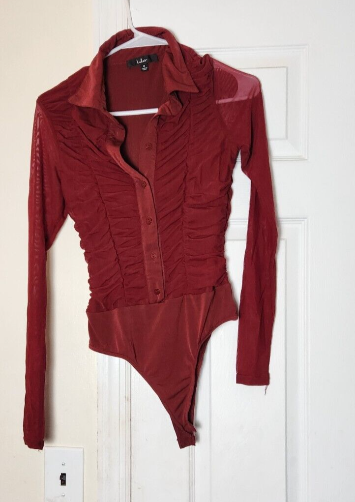 Don't Ruche Love Burgundy Mesh Ruched Long Sleeve Bodysuit for Women Medium