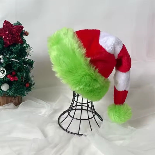 Jumbo Red White Striped Green Faux Fur Santa Elf Hat Costume Adult 18.5 inch