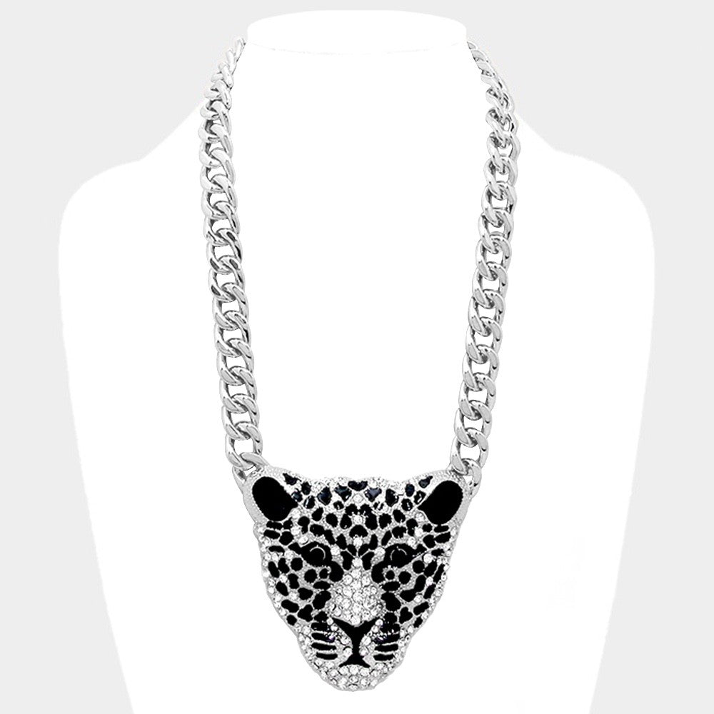 Silver Crystal Cheetah Leopard Head Statement Necklace – Chunky Cuban Link Chain