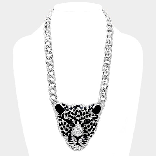 Silver Crystal Cheetah Leopard Head Statement Necklace – Chunky Cuban Link Chain