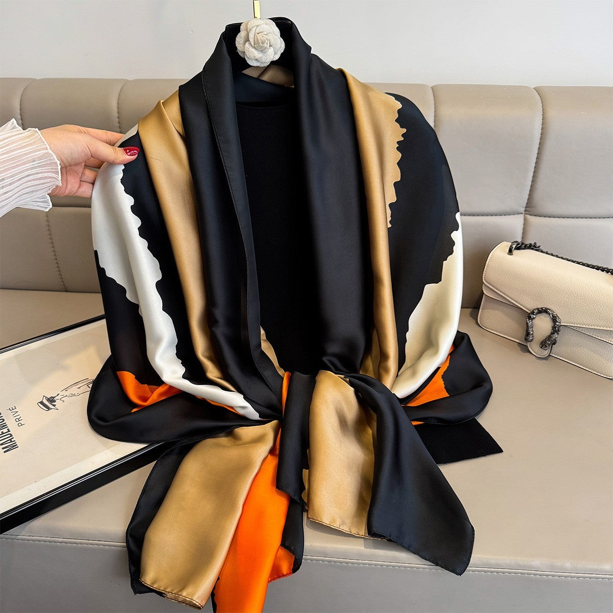 Oversized Silk Feel Scarf Abstract Block Wrap Orange Black Gold 71" x 35"