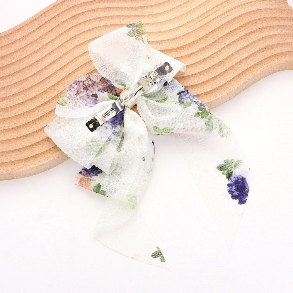Floral Chiffon Long Ribbon Bow Hair Clip Summer White Botanical Floral Barrette