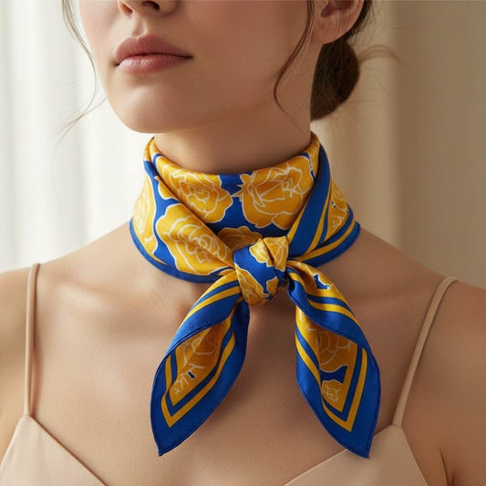 Royal Blue & Yellow Rose Floral Print Square Silk-Like Fashion Neck Scarf 35"