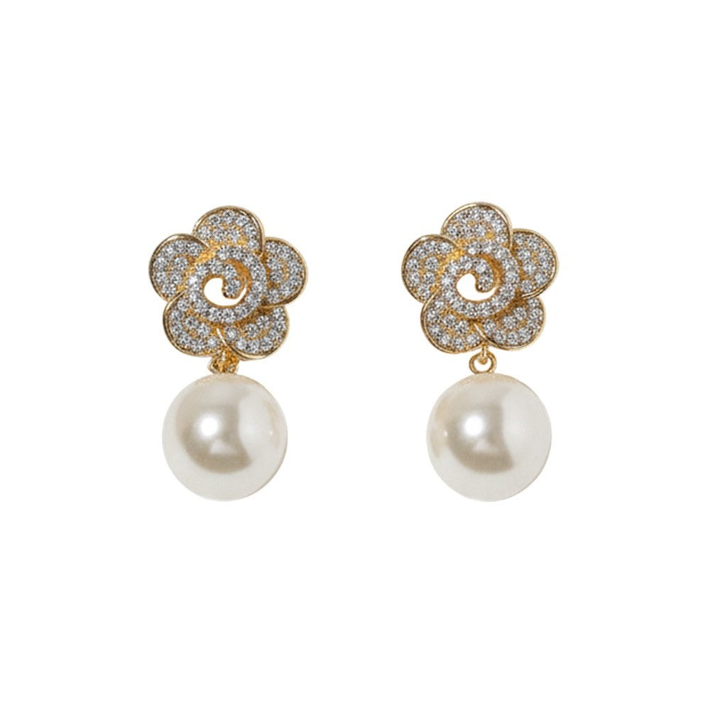 Sparkling Cubic Zirconia Flower & Faux Pearl Drop Gold Earrings
