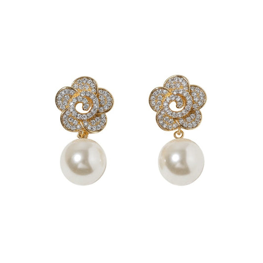 Sparkling Cubic Zirconia Flower & Faux Pearl Drop Gold Earrings
