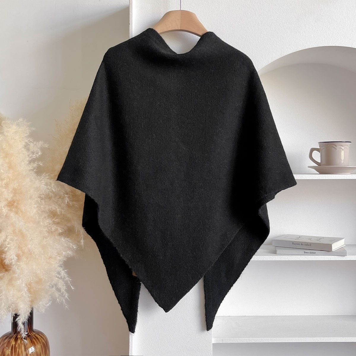 Black Knit Triangle Poncho Cape Shawl Wrap Fringe One Size Winter Fall Cozy Warm