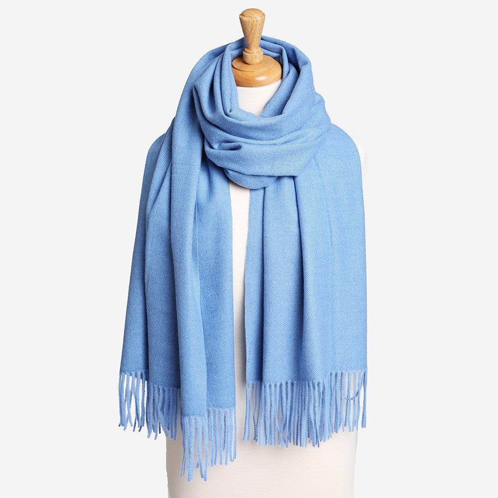 Bue Oblong Scarf with Tassels Lightweight Soft Solid Wrap for Women
