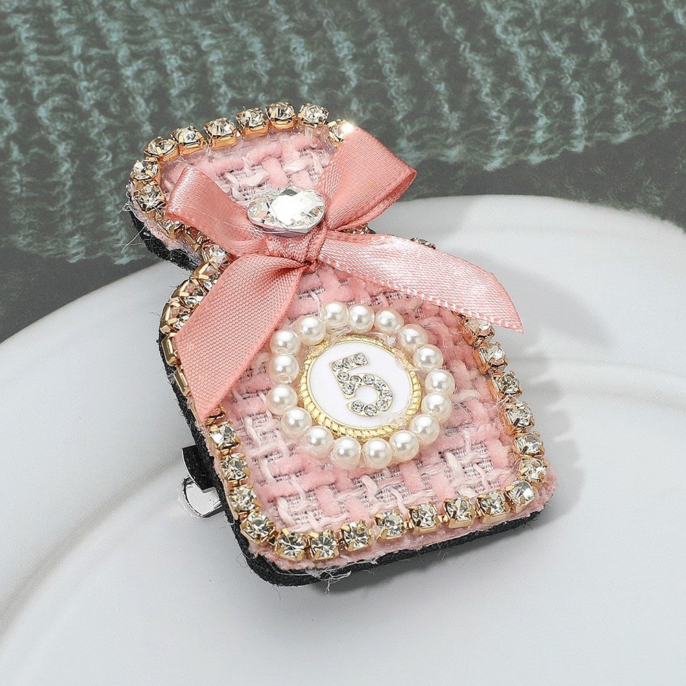 2pc Black & Pink Bow Pearl Rim Number 5 Tweed Perfume Bottle Pin Brooch Set