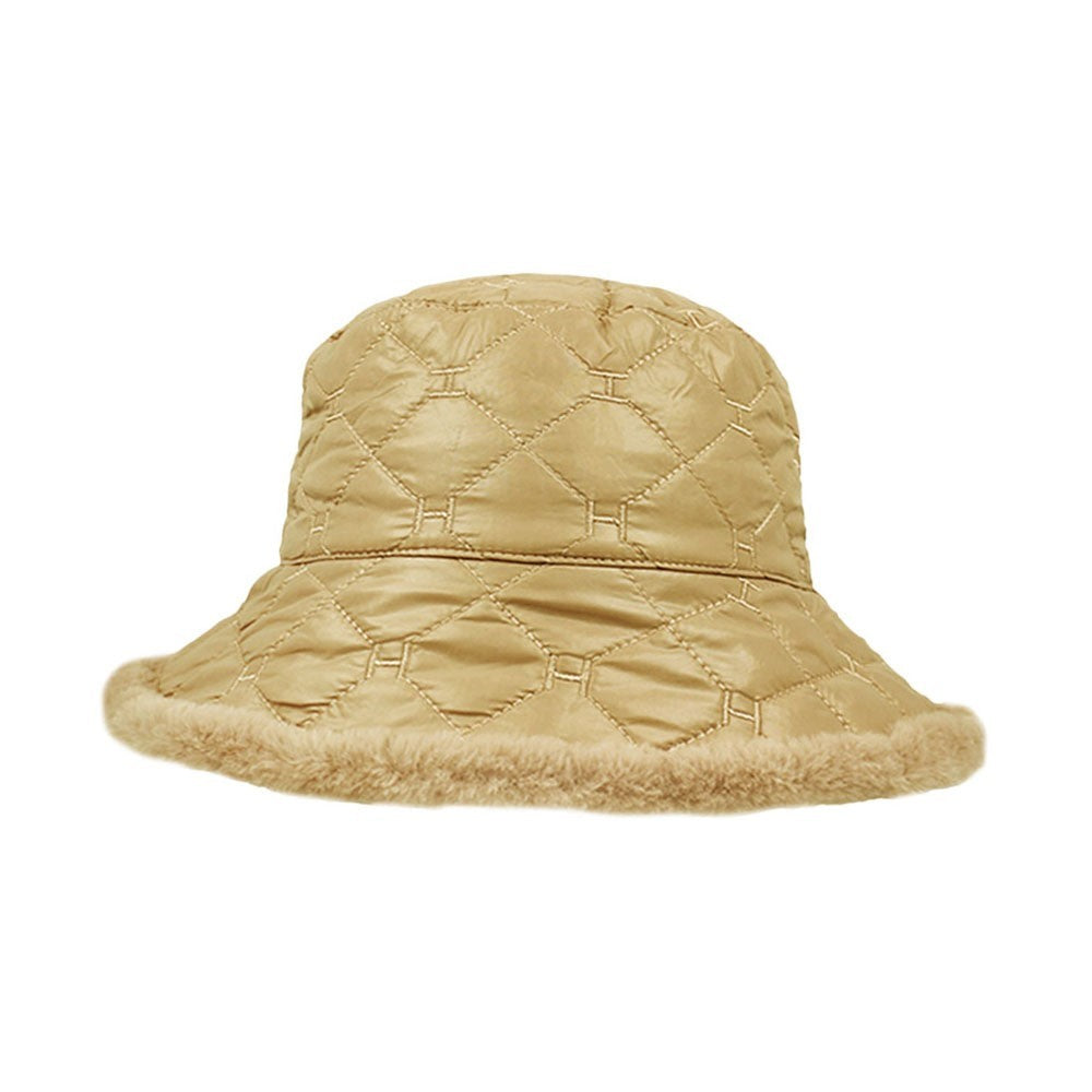 Quilted Winter Bucket Hat Faux Fur Trim Camel Tan Women's Warm Outdoors Cap