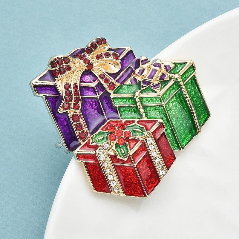 Christmas Gift Boxes Brooch Pin Red Green Purple Enamel Rhinestone Holiday Jewel