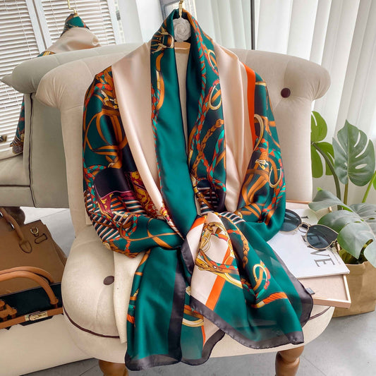 Equestrian Chain Print Oblong Scarf Wrap 71x35 Silk Feel Baroque Vintage Style