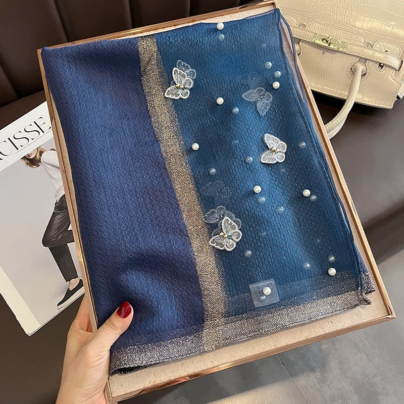 Blue Butterfly Pearl Scarf  Silk Wool Blend Sheer Wrap Shawl
