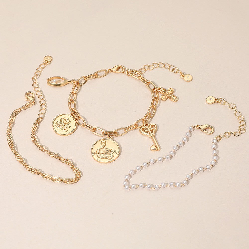 3pcs Gold Layered Charm Bracelet Set Swan Rose Key Cross Faux Pearl Gift Set