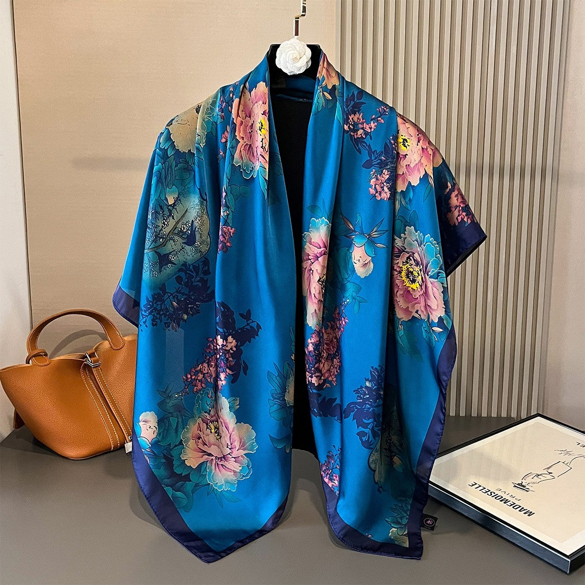 Large Teal Floral Scarf Peony Bird Print Silk Feel Square Wrap Shawl 43" x 43"