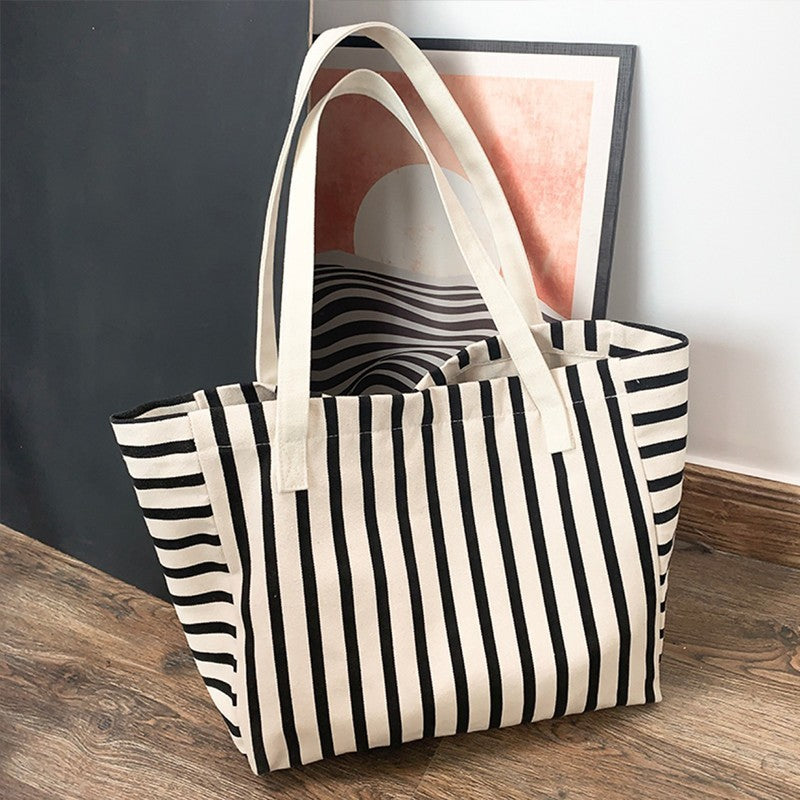 Large Canvas Tote Bag Striped Black White Shoulder Handbag Cotton Beach Shopper