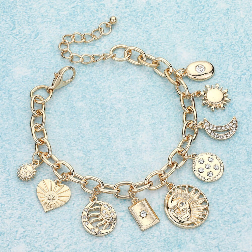 Heart Moon Zodiac Charm Station Bracelet for Women Adjustable Gold Tone