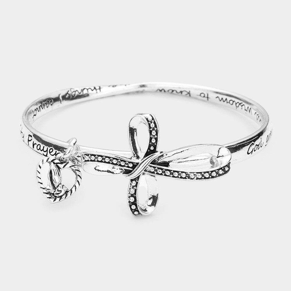 Serenity Prayer Praying Hands Heart Charm Bangle with Metal Cross Accent