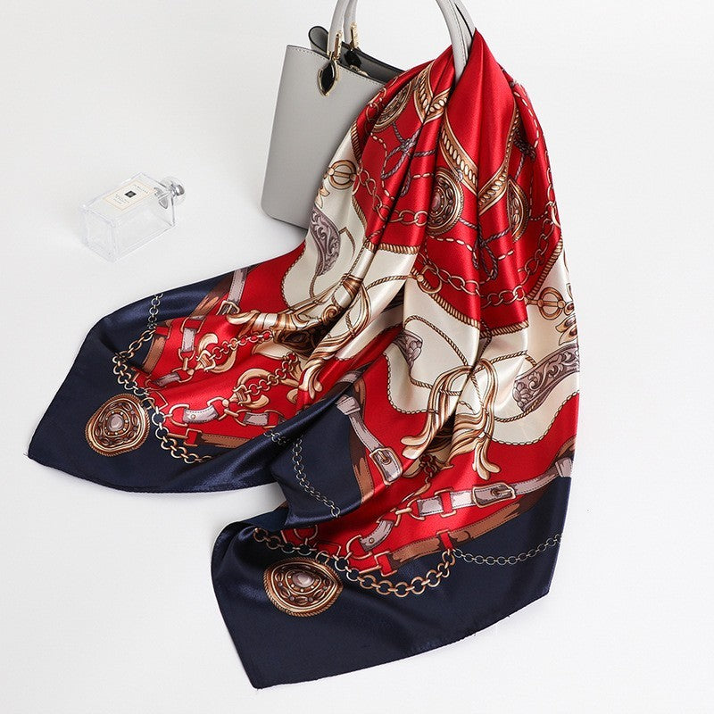 Luxury Satin Square Scarf Red Navy Chain Print Women's Head Scarf Neckerchief