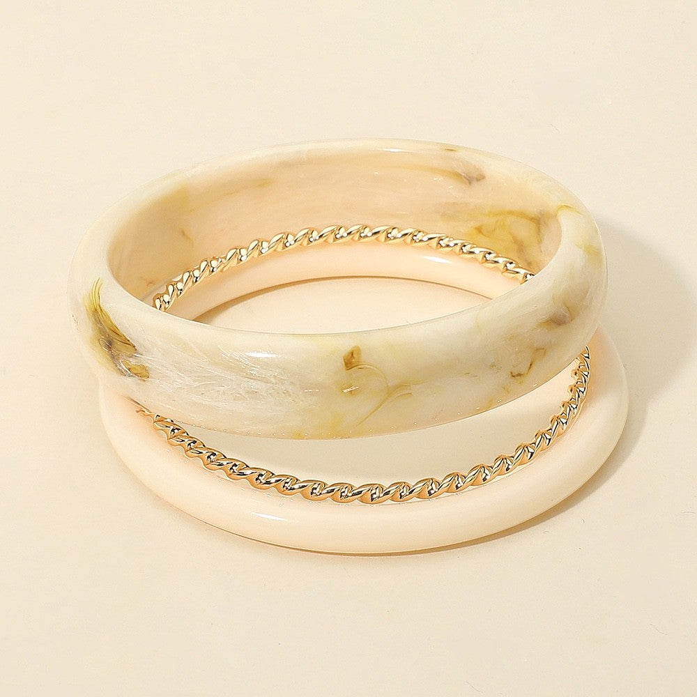 Boho Cream Marbled Resin Bangle Set 3pcs Gold Tone Twisted Metal Stack Bracelet