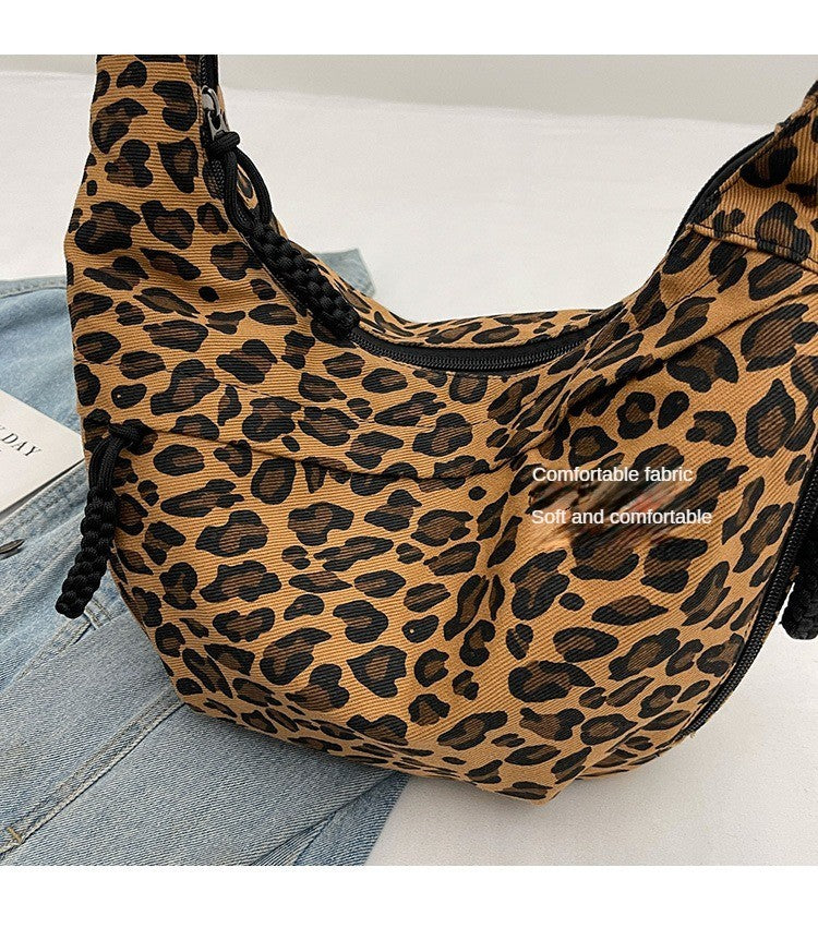 Classic Tan Leopard Print Hobo Bag Slouchy Crescent Crossbody Shoulder Purse