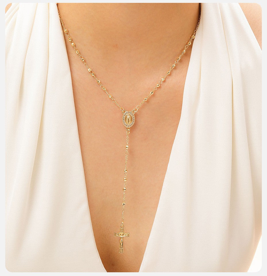 Copper Cubic Zirconia Rosary Y-Necklace Heart Centerpiece Cross Pendant