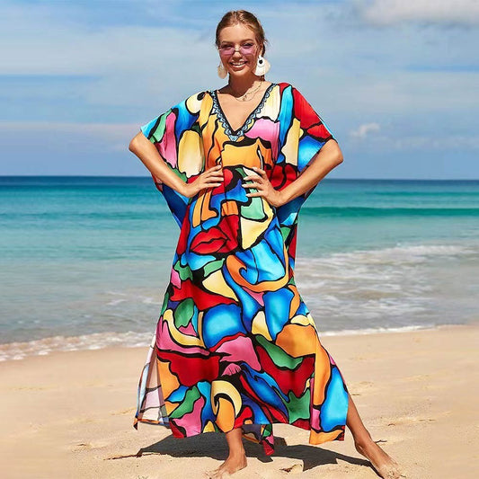Women's One Size Multi-Color Splash Abstract Resort Silky Kaftan Maxi Dress