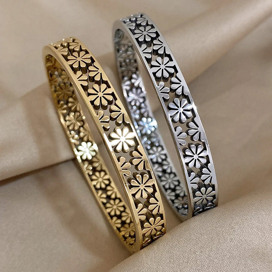 2PC Floral Bangle Set Gold & Silver Tone Stainless Steel Bracelets for Women