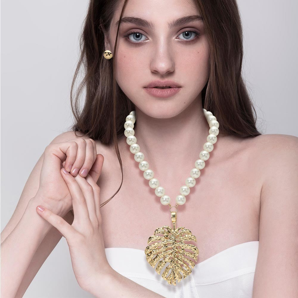 Tropical Monstera Gold Leaf Pearl Statement Necklace & Stud Earrings Set Gift