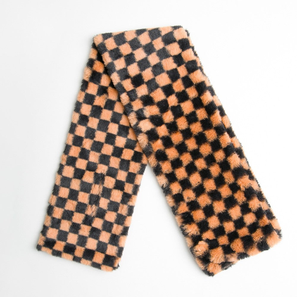 Faux Fur Plush Checkeredboard Pull Through Cowl Scarf for Women Brown 6" X 35"