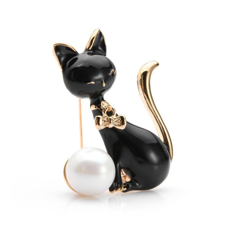 Cat Pearl Brooch Black Enamel 18K Gold Plated Lapel Pin Fashion Jewelry