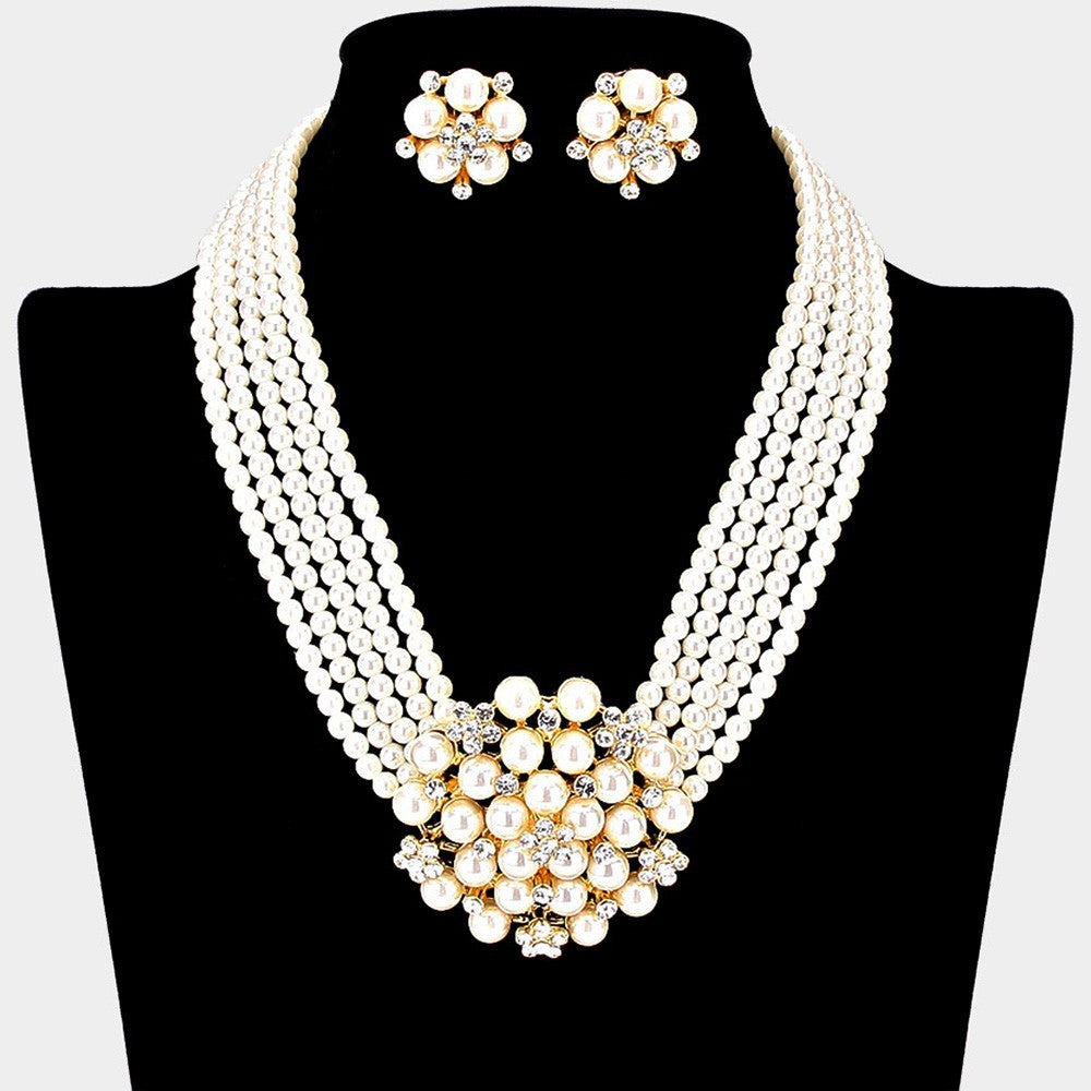Women's Pearl Cluster Flower Multi-Layer Necklace Clip-on Earrings Set Gold Tone