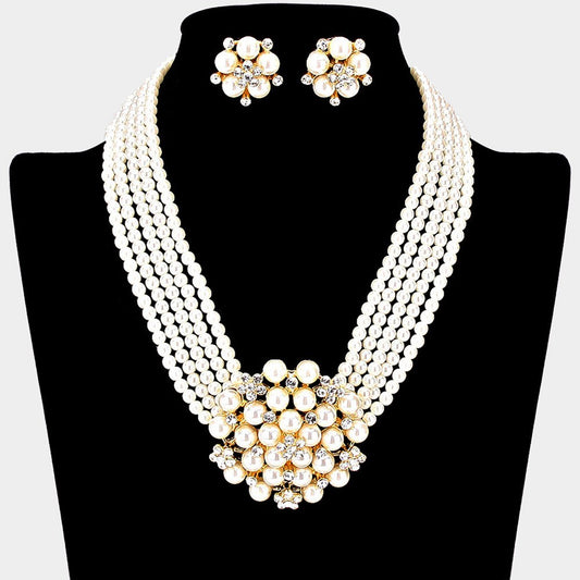 Women's Pearl Cluster Flower Multi-Layer Necklace Clip-on Earrings Set Gold Tone