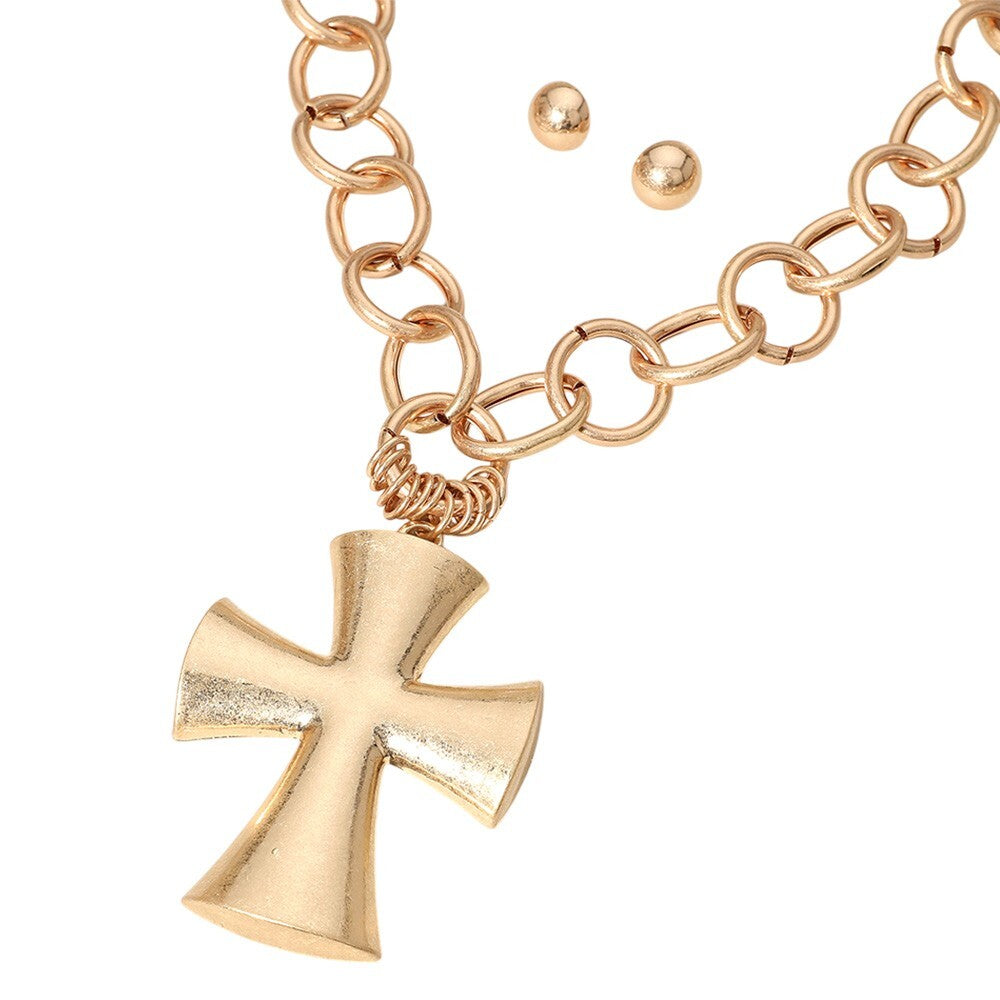Chunky Cross Pendant Necklace Matte Metal Pointed Chain Statement Jewelry