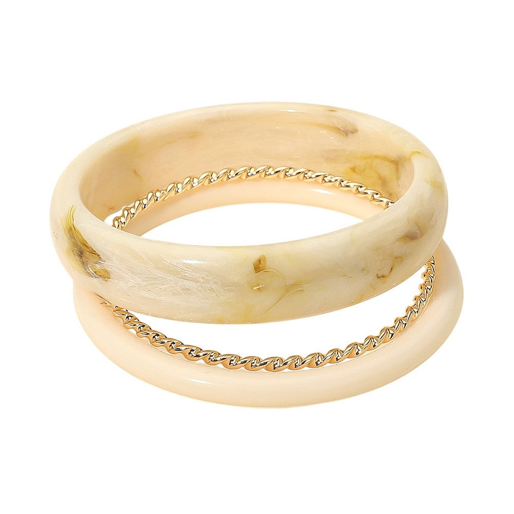 Boho Cream Marbled Resin Bangle Set 3pcs Gold Tone Twisted Metal Stack Bracelet