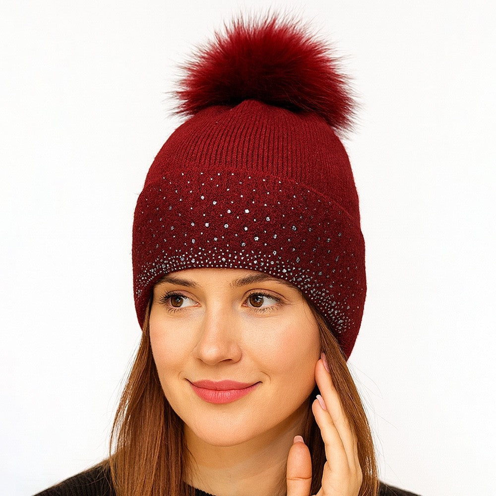Elegant Burgundy Winter Beanie with Faux Fur Pom & Rhinestone Accents
