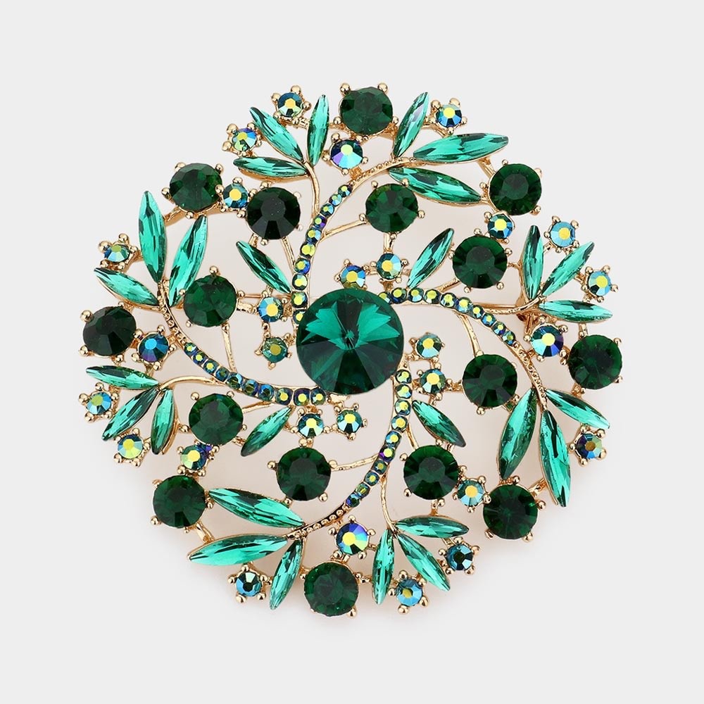 2pcs Crystal Flower Wreath Brooch Set Pink Green Floral Pin Vintage Wedding Gift