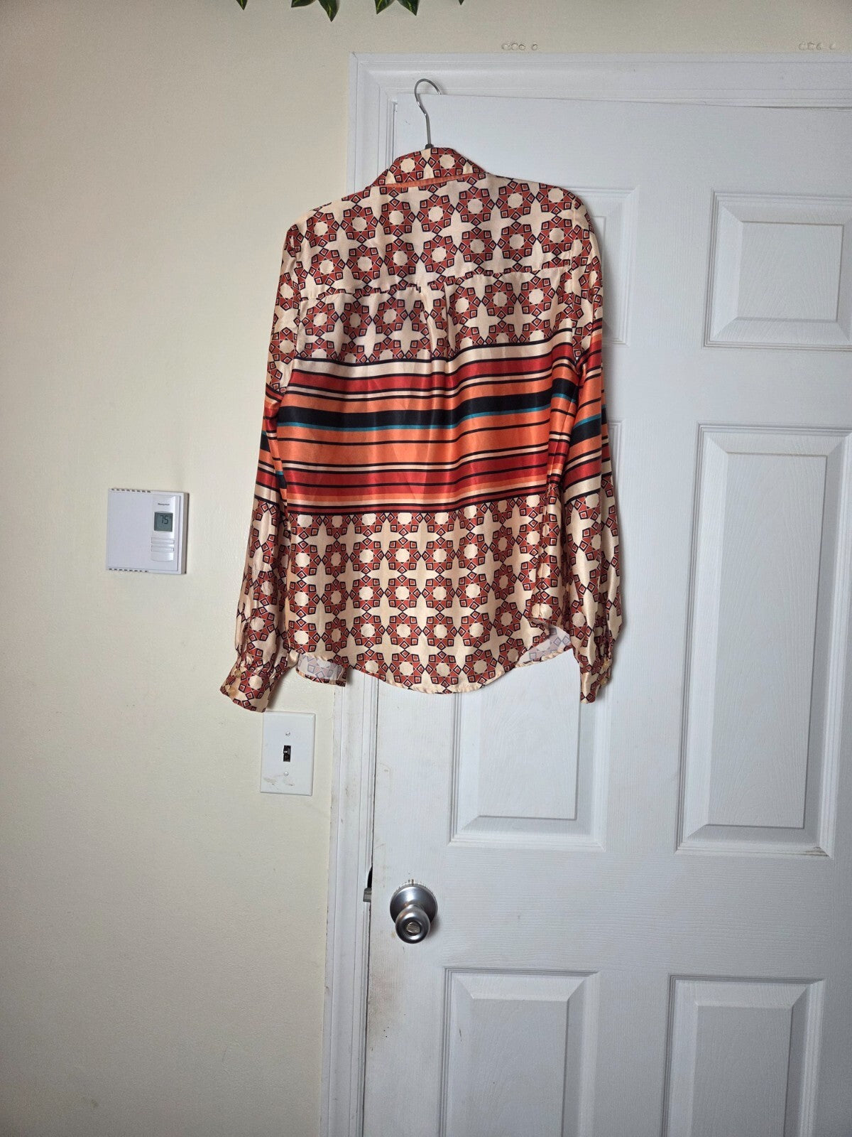 Getting in the Groove Ivory Striped Geo Print Button Up Top Small  for Women 