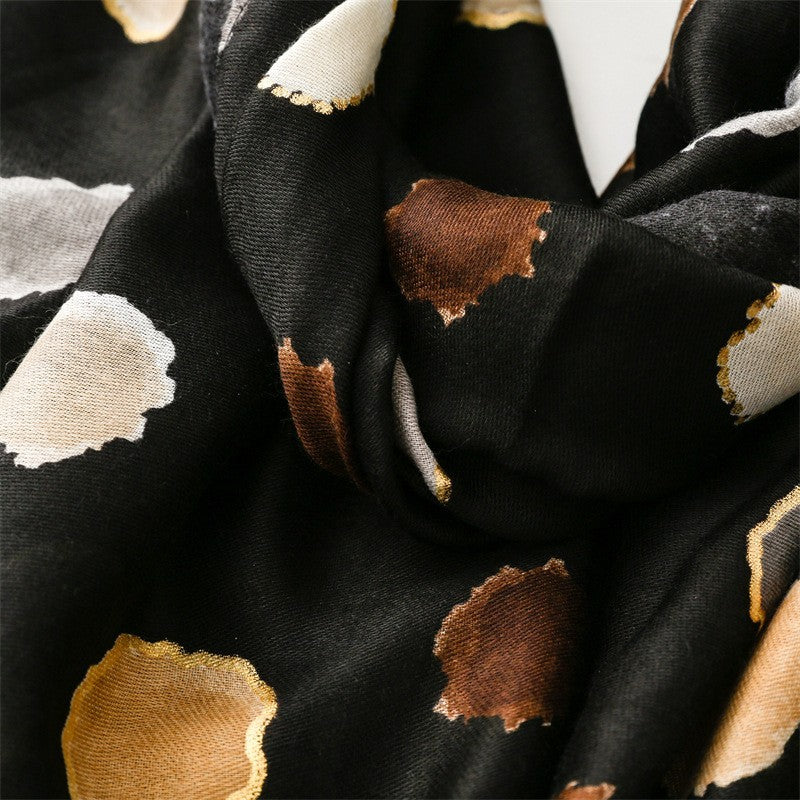 Women's Boho Abstract Spotted Scarf Black Gold Fringe Wrap Shawl Lightweight