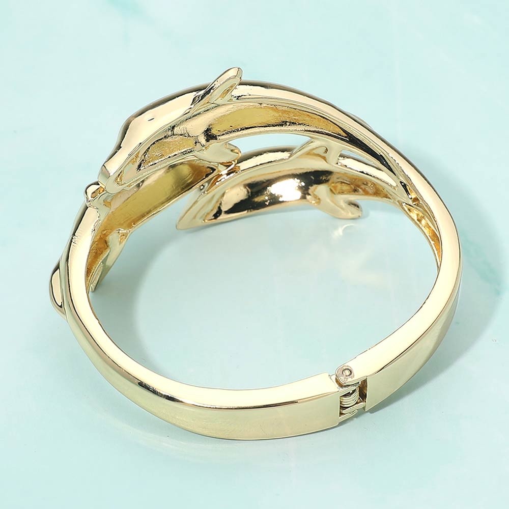 Gold Triple Dolphin Bypass Hinged Bangle Bracelet - Nautical Tropical Jewelry